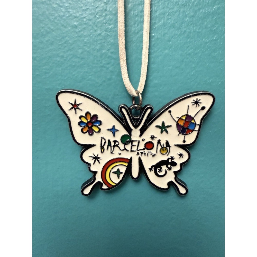 Barcelona Spain Butterfly Pendant Necklace Gaudi Mosaic Enamel Souvenir Cord